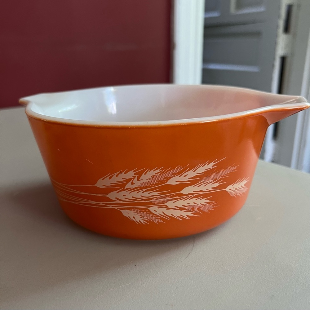 Vintage Pyrex Orange Autumn Wheat Bowl with Handles